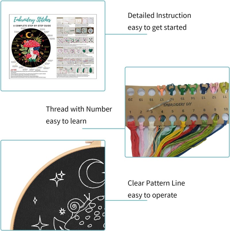 Nuberlic Mushroom Embroidery Kits for Beginner Adults Cross Stitch Kit with Stamped Pattern Include Cloth Hoops Threads Needles - Image 5